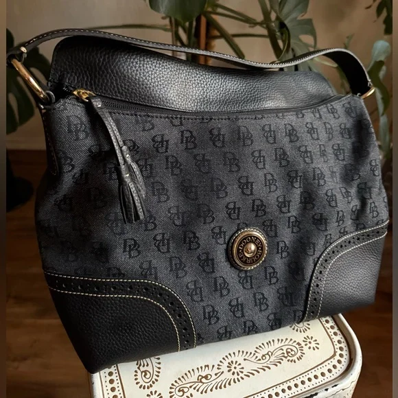 Dooney & Bourke Black Monogram Shoulder Bag with Perforated Leather and Tassels - Picture 7 of 11